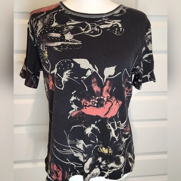 Jess & Jane Embelished Short Sleeve Cotton Blouse Shirt Rhinestone Floral Sz M - Picture 11 of 11